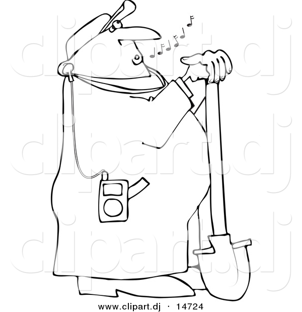 Vector Clipart of a Cartoon Worker Leaning on Shovel While Listening to Portable Music Player - Coloring Page Line Art
