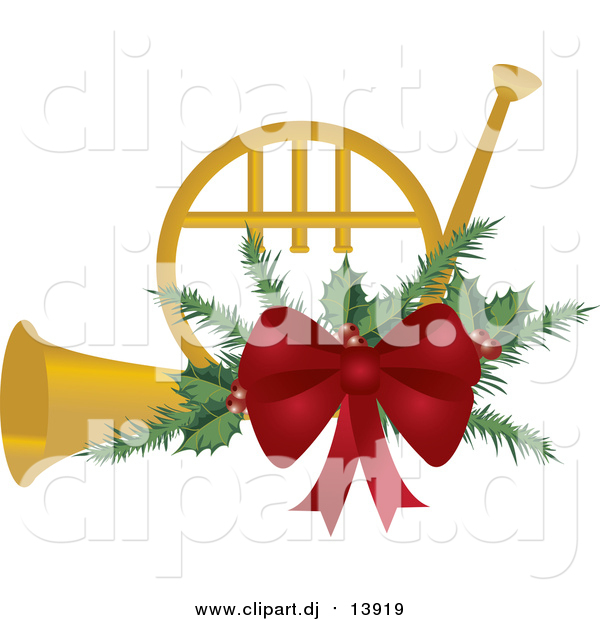 Vector Clipart of a Christmas French Horn with Holly and a Red Bow