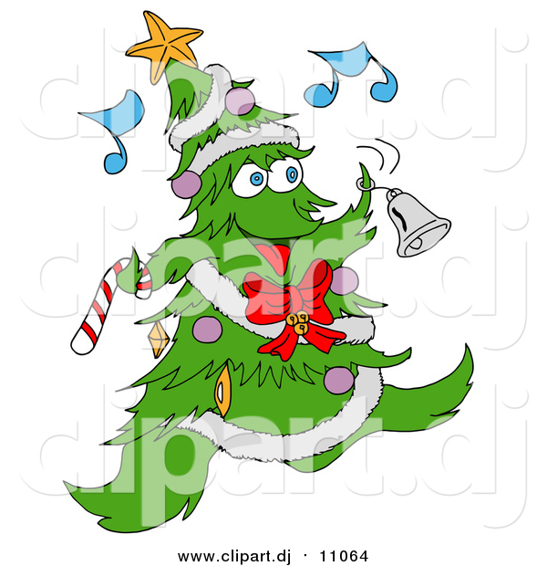 Vector Clipart of a Christmas Tree Character Ringing a Bell While Listening to Music