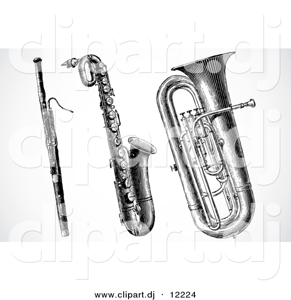 Vector Clipart of a Clarinet, Saxophone and Tuba - Digital Black and White Collage