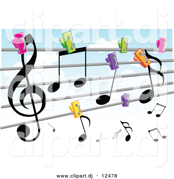 Vector Clipart of a Colorful Clips Holding Music Notes to a Clothes Line Against a Cloudy Sky
