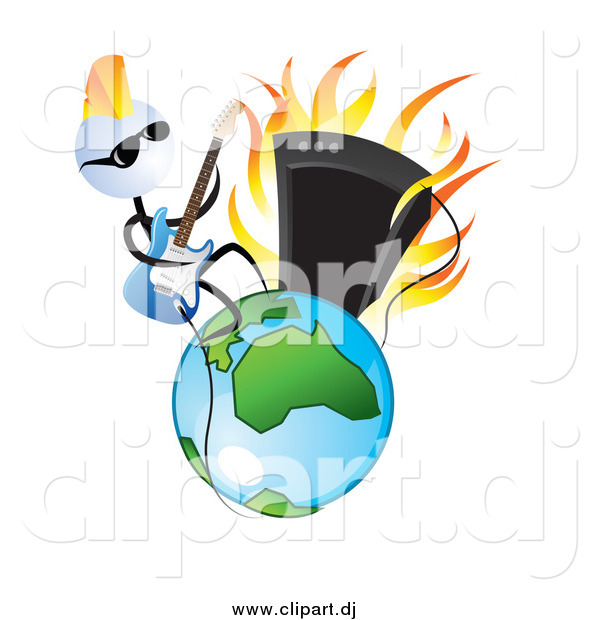 Vector Clipart of a Cool White Head Guitar Musician Man Rocking on Earth