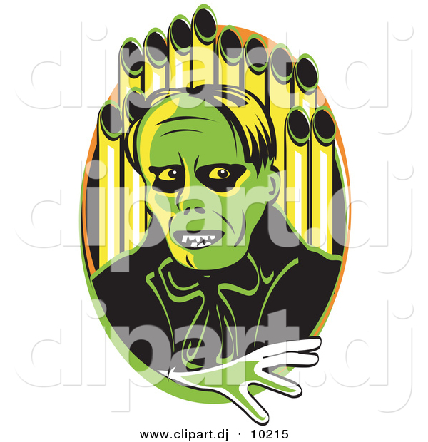 Vector Clipart of a Creepy Cartoon Phantom (of the Opera) Standing in Front of Organ Pipes