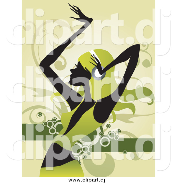 Vector Clipart of a Dancing Woman Dressed in Green with Green Hair, Wearing Headphones