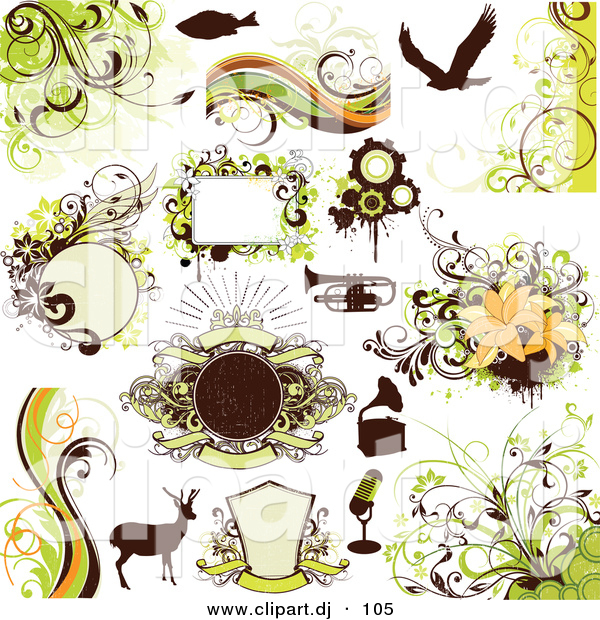 Vector Clipart of a Digital Collage: Fish, Eagle, Trumpet, Phonograph, Microphone and Deer with Green Floral Design