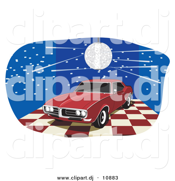 Vector Clipart of a Disco Ball over Red 1968 Pontiac Firebird with Dark Tinted Windows