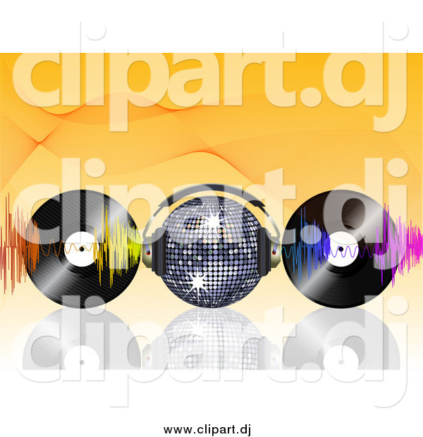 Vector Clipart of a Disco Ball Wearing Headphones, Waves and Vinyl Records on Orange