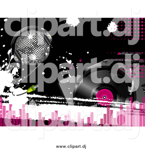 Vector Clipart of a Disco Ball with Headphones over a Record Player, with Pink Dots and Equalizer Bars