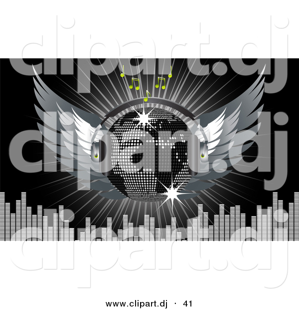 Vector Clipart of a Disco Ball with Wings, Headphones, Music Notes, Equalizer Bars, and a Burst over Black
