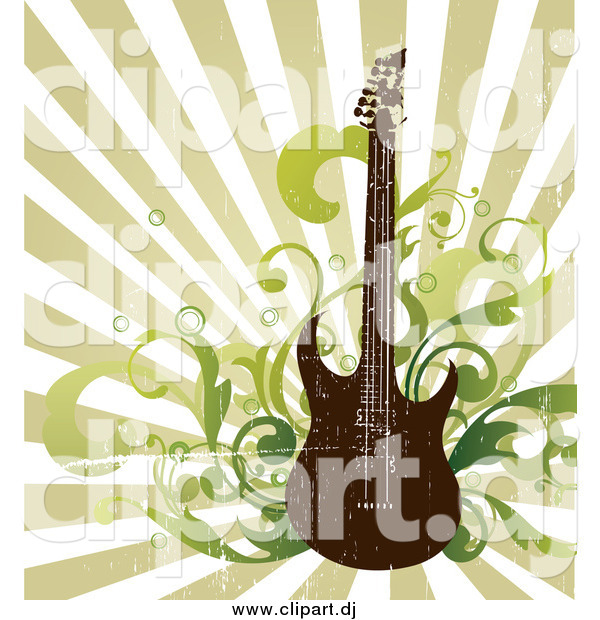 Vector Clipart of a Distressed Electric Guitar with Music Notes and Speakers over a Green Ray Background