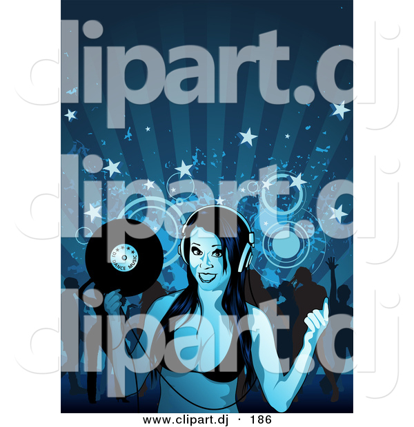 Vector Clipart of a Dj Girl Holding Record While Crowd of People Dance in Background