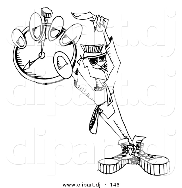 Vector Clipart of a Dj Guy Holding Pocket Watch - Black and White Outline