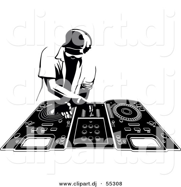 Vector Clipart of a DJ Man Mixing Records - Black and White
