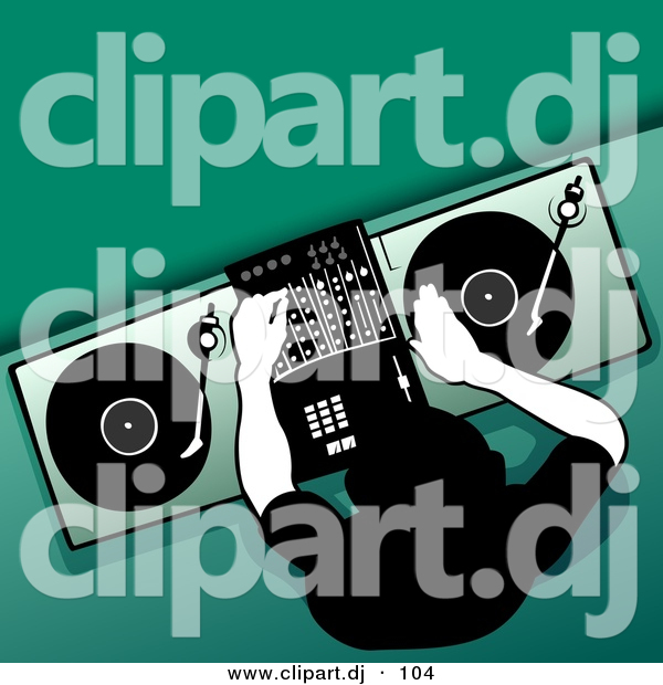 Vector Clipart of a DJ Mixing Record on Turntable While Adjusting Audio Settings - Green Background