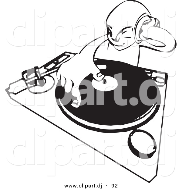 Vector Clipart of a DJ Mixing Records While Holding Headphone up to His Ear - Black and White Line Drawing
