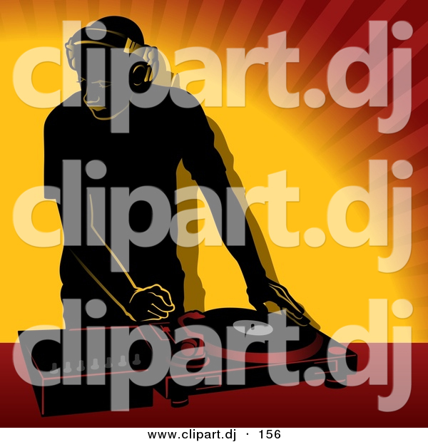 Vector Clipart of a DJ Using Single Record Player Mixer over Orange Background