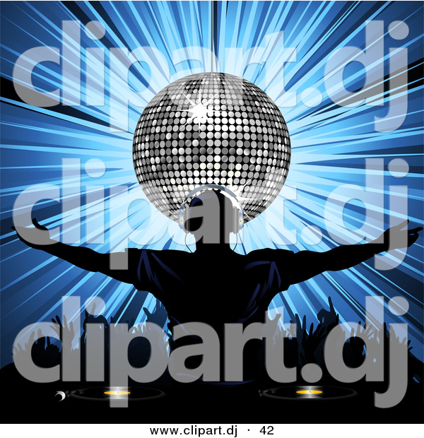 Vector Clipart of a Dj Wearing Headphones in Front of Silver Disco Ball over Bursting Blue Background