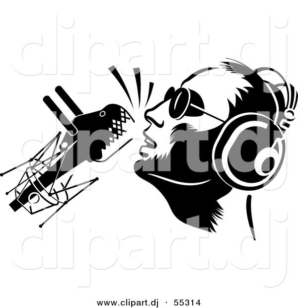 Vector Clipart of a DJ Wearing Headphones While Speaking into Retro Microphone - Black and White Version