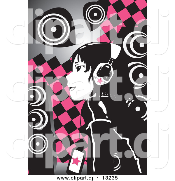 Vector Clipart of a Emo Girl Wearing Headphones over Pink and Black Checkers