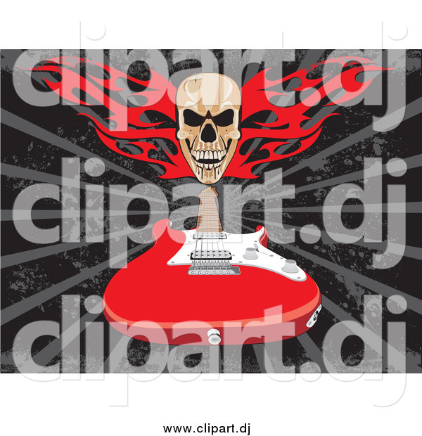 Vector Clipart of a Flaming Skull over a Red Electric Guitar on a Gray and Black Background