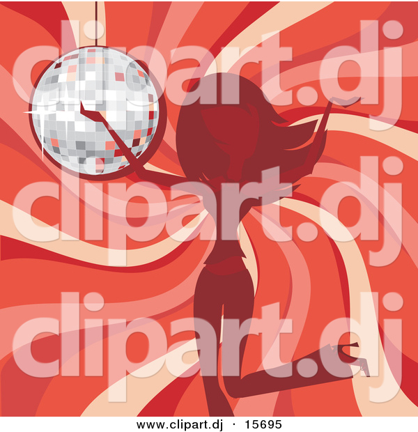 Vector Clipart of a Girl Dancing in Front of Red Swirl Background and a Disco Ball