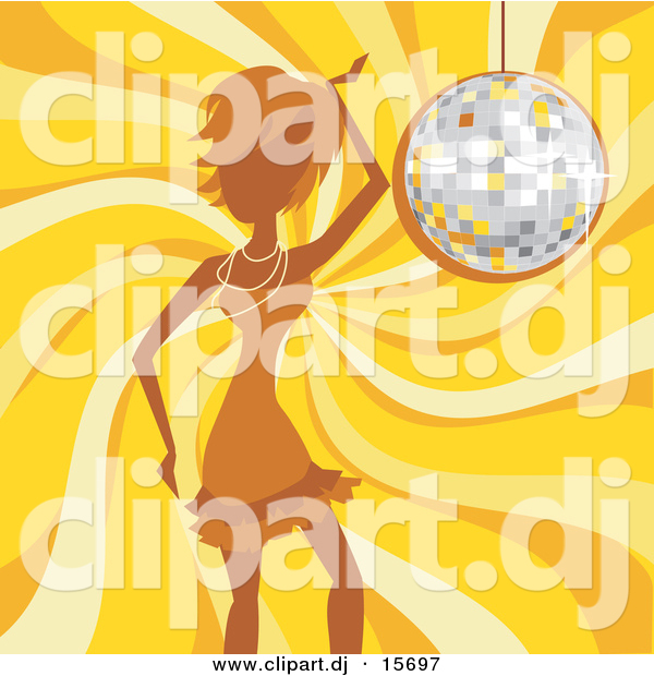 Vector Clipart of a Girl Dancing over Yellow Swirling Background with Sparkling Disco Ball