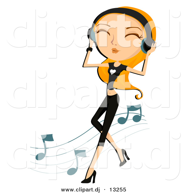 Vector Clipart of a Girl Dancing While Listening to Music Through Headphones - Cartoon Version