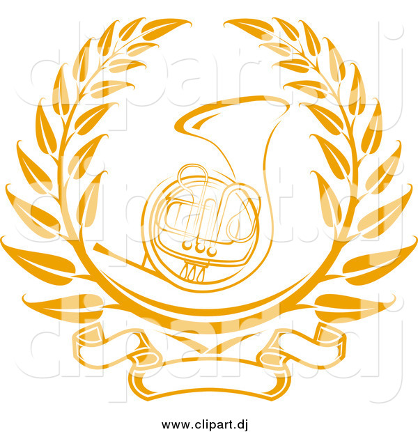 Vector Clipart of a Gold French Horn Instrument Surrounded by a Laurel Design with a Blank Banner Below