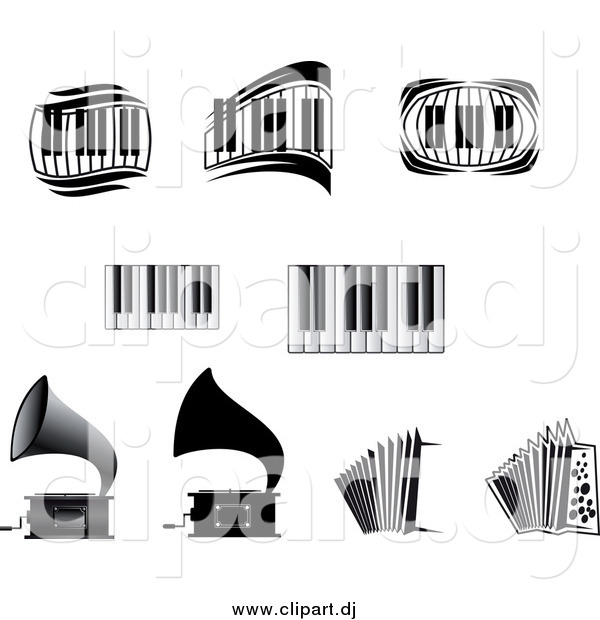 Vector Clipart of a Grammophones, Accordions and Piano Keyboards