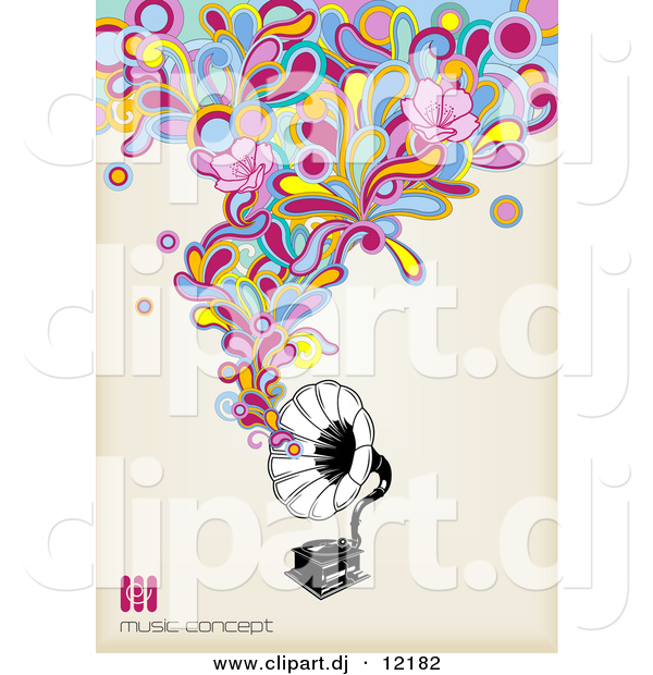 Vector Clipart of a Gramophone with Colorful Music and Flowers