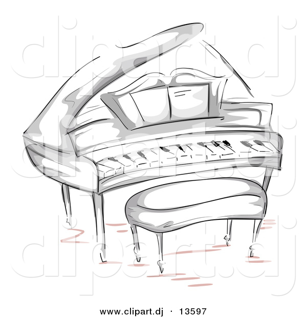 Vector Clipart of a Grand Piano with Bench - Sketched Version
