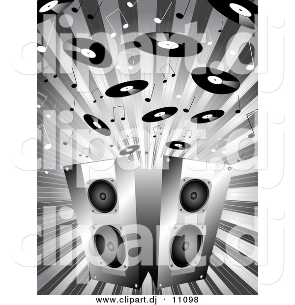 Vector Clipart of a Grayscale Background of Music Notes and Records Above Two Stereo Speakers on a Burst