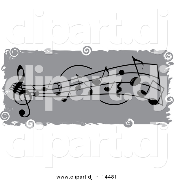 Vector Clipart of a Grayscale Music Notes Banner with Grungy White Borders and Swirls