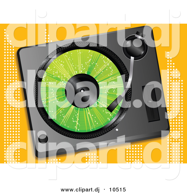 Vector Clipart of a Green LP Record Playing in a Record Player over an Orange Background