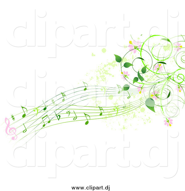 Vector Clipart of a Green Music Notes, Pink Flowers and Vines