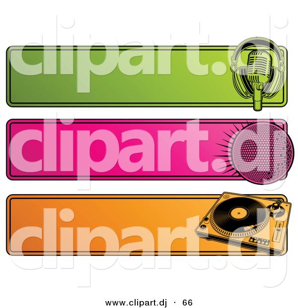 Vector Clipart of a Green, Pink and Orange Retro Website Headers; Microphone, Disco Ball and Record Player