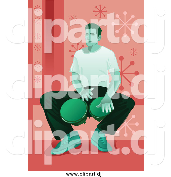 Vector Clipart of a Green Toned Man Sitting and Playing Bongo Drums, over Pink