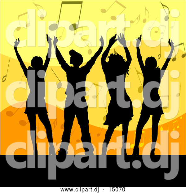 Vector Clipart of a Group of Silhouetted Men and Women Dancing over an Orange and Yellow Background of Music Notes