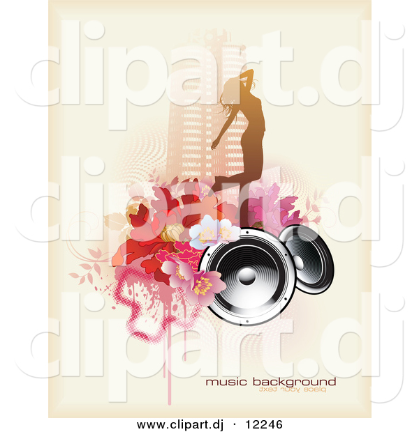 Vector Clipart of a Grunge Floral, Speaker, Urban City Girl Music Background