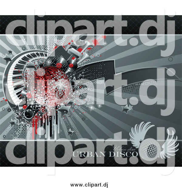 Vector Clipart of a Grungy Background of Drips, Speakers, Stars, Keyboards and a Red Disco Ball over Gray