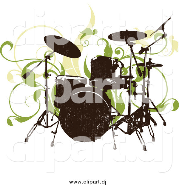 Vector Clipart of a Grungy Drum Set and Green Vines on a White Background