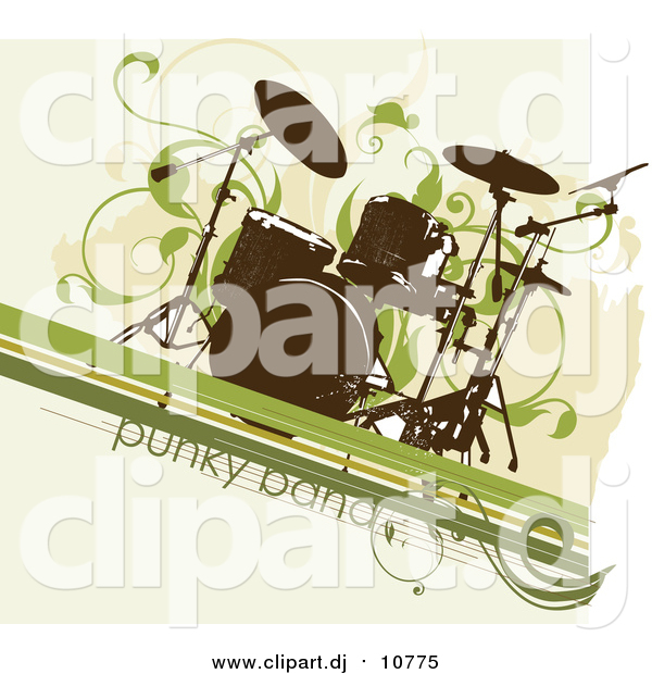 Vector Clipart of a Grungy Drum Set over a Beige Background with Green Lines and Vines