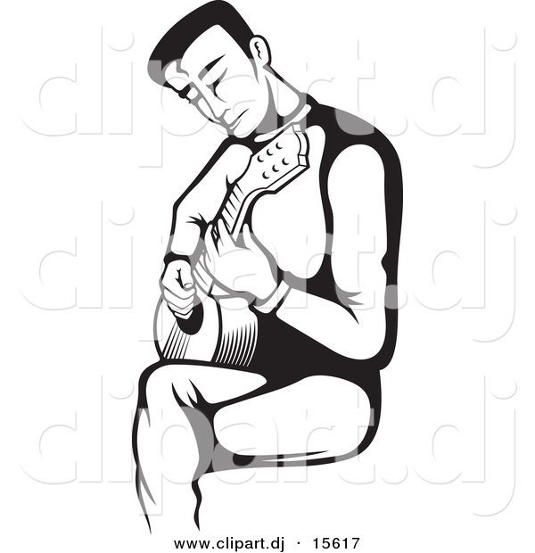 Vector Clipart of a Guitarist Strumming - Black and White Version