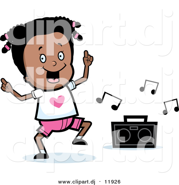 Vector Clipart of a Happy Black Girl Dancing to Music Box - Cartoon Style