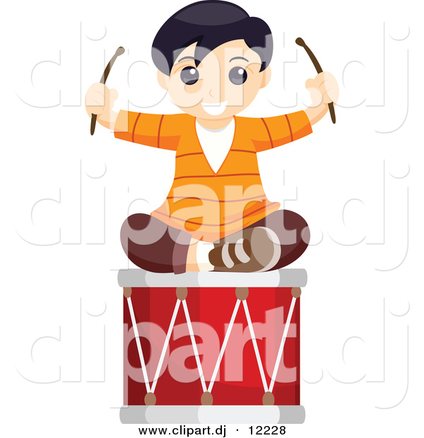 Vector Clipart of a Happy Boy Sitting on Large Musical Drum - Cartoon Styled Design