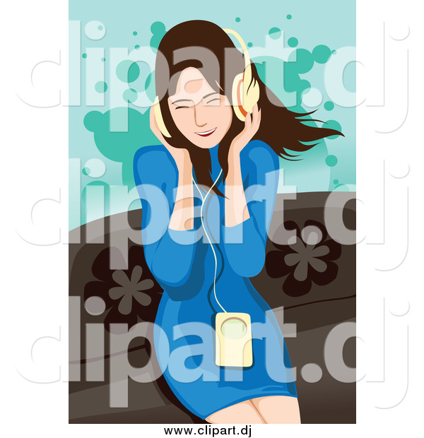 Vector Clipart of a Happy Brunette White Woman Listening to Music