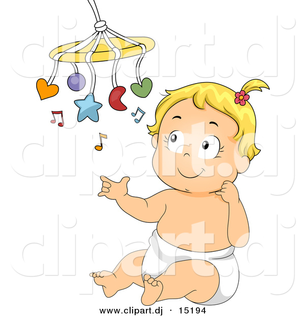 Vector Clipart of a Happy Cartoon Baby Girl Playing with Her Music Toy