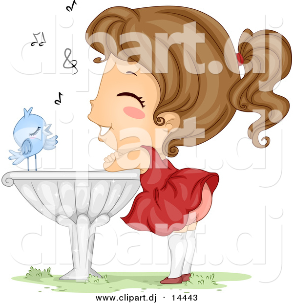 Vector Clipart of a Happy Cartoon Blue Bird Singing to a Girl Listening and Leaning Against a Bird Bath