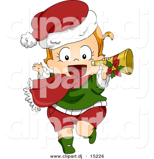 Vector Clipart of a Happy Cartoon Christmas Baby Running with a Trumpet