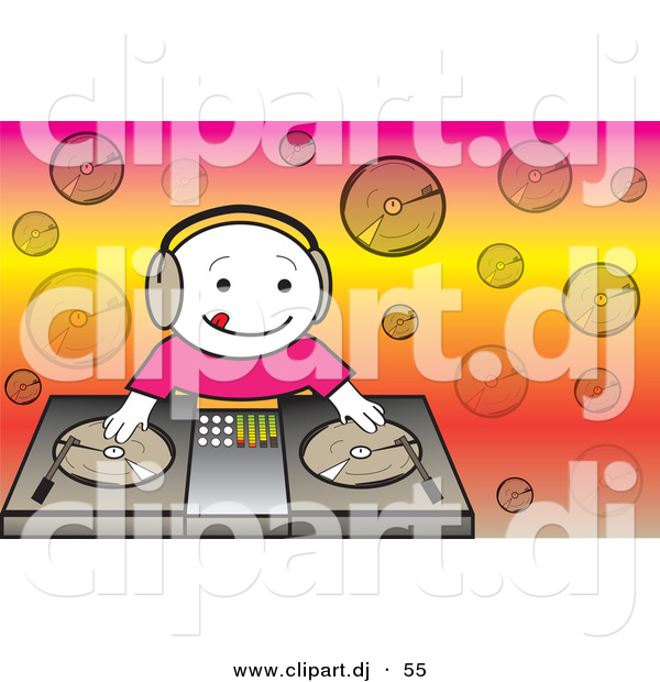 Vector Clipart of a Happy Cartoon DJ Kid Mixing Dual Records on a Turntable